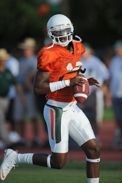 University of Miami Hurricanes Quarter back Jacory Harris #12 at Greentree practice fields training for the upcoming 2010 season. The practice was...