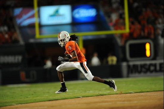 University of Miami wide receiver Travis Benjamin #3 plays in a game against the Georgia Tech Yellow Jackets at Land Shark Stadium on September 17,...