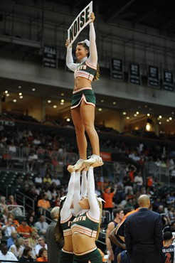 University of Miami Cheerleaders entertain fans as the Hurricanes played host to the Virginia Cavaliers at the BankUnited Center on February 5, 2011. ...