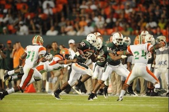 University of Miami Hurricanes running back Mike James #22 plays in a game against the Florida A&M Rattlers at Land Shark Stadium on October 10, 2009....
