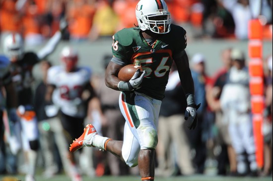 University of Miami Hurricanes linebacker Marcus Robinson #56 plays in a game against the Maryland Terrapins at Sun Life Stadium on November 6, 2010. ...