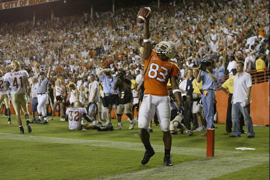 Sinorice Moss' touchdown catch with :30 seconds to play in 2004 sent the game to overtime where the 'Canes would come away victorious, 16-10.