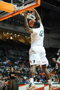 University of Miami Hurricanes center, Reggie Johnson #42, plays host to the Stetson University Hatters at the BankUnited Center on December 12,...