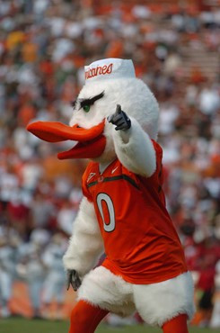 University of Miami mascot Sebastian the Ibis entertains the crowd during a game against the North Carolina State Wolfpack at the Orange Bowl on...