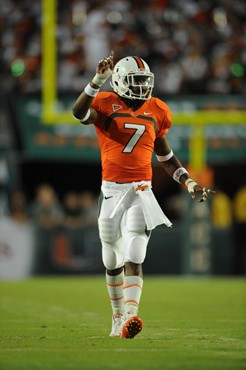 University of Miami Hurricanes defensive back Vaughn Telemaque #7 plays in a game against the Florida State Seminoles at Sun Life Stadium on October...