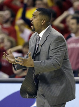 Miami coach Frank Haith reacts to an officials call during the first half. (AP Photo/Rob Carr)