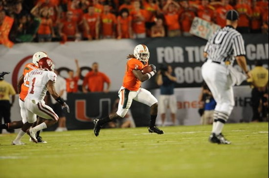 University of Miami Hurricanes running back Graig Cooper #2 plays in a game against the Oklahoma Sooners at Land Shark Stadium on October 3, 2009. ...