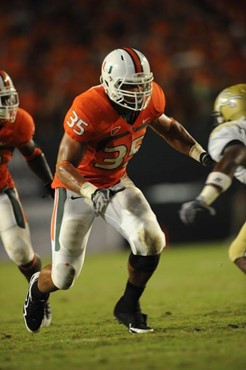 University of Miami Hurricanes defensive lineman Olivier Vemon #35 plays in a game against the Georgia Tech Yellow Jackets at Land Shark Stadium on...