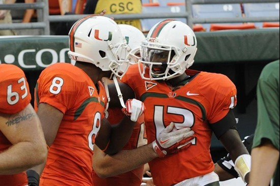 Touchdown celebration. Tommy Streeter and Jacory Harris

2011 Miami Hurricanes Football vs Bethune-Cookman
