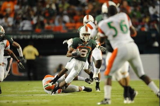 University of Miami Hurricanes wide receiver Travis Benjamin #3 plays in a game against the Florida A&M Rattlers at Land Shark Stadium on October 10,...