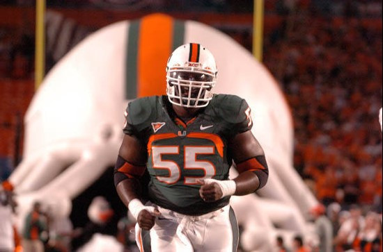 University of Miami Hurricanes offensive lineman Xavier Shannon #55 plays in a game against the Virginia Tech Hokies at Dolphin Stadium on November...