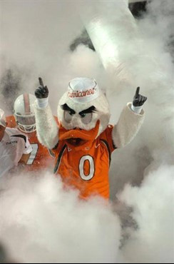 University of Miami Hurricanes mascot Sebastian the Ibis leads the team onto the field through a tunnel of smoke on November 4, 2006 at the Orange...
