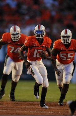 University of Miami Hurricanes quarterback Jacory Harris #12 plays in a game against Charleston Southern University in the Canes inaugural game at...