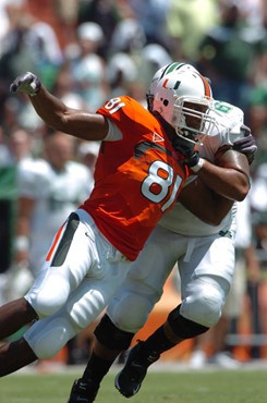 University of Miami defensive end Calais Campbell #81 rushes against Marshall at the Orange Bowl on September 1, 2007. The Hurricanes beat the...