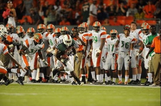 University of Miami Hurricanes running back Mike James #22 plays in a game against the Florida A&M Rattlers at Land Shark Stadium on October 10, 2009....