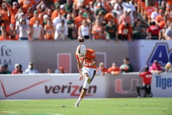 University of Miami Hurricanes quarterback Garrison Lassiter #16 plays in a game against the Georgia Tech Yellow Jackets at Sun Life Stadium on...