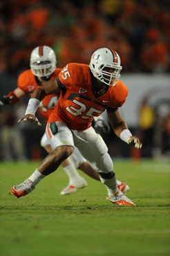 University of Miami Hurricanes defensive lineman Olivier Vemon #35 rushes in a game against the Florida State Seminoles at Sun Life Stadium on October...