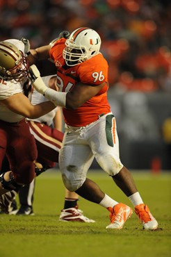 University of Miami Hurricanes defensive lineman Curtis Porter #96 plays in a game against the Boston College Eagles at Sun Life Stadium on November...