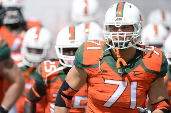University of Miami Hurricanes defensive lineman Anthony Chickillo #71 plays in a game against the Cincinnati Bearcats at Sun Life Stadium on October...