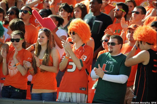 A University of Miami Hurricanes fan shows his team spirit in a game against the Georgia Tech Yellow Jackets at Sun Life Stadium on October 22, 2011. ...