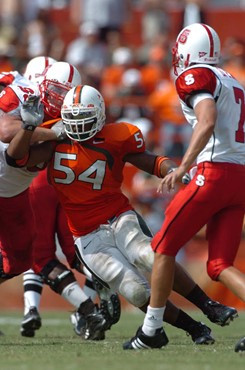 University of Miami defensive tackle McCray, Teraz #54 plays in a game against the North Carolina Sate Wolfpack at the Orange Bowl on November 3,...