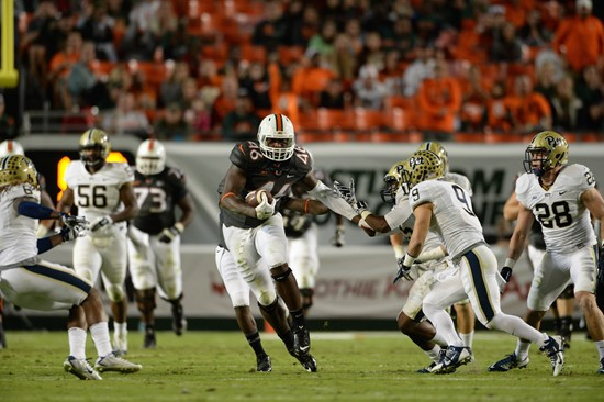 University of Miami Hurricanes tight end Clive Walford #46 plays in a game against The Pittsburgh Panthers at Sun Life Stadium on November 29, 2014. ...