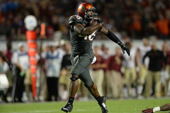 University of Miami Hurricanes tight end Clive Walford #46 plays in a game against the Florida State Seminoles at Sun Life Stadium on November 15,...