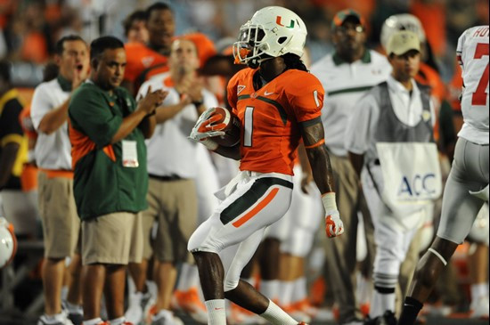 University of Miami Hurricanes wide receiver Allen Hums #1 runs in a game against the Ohio State Buckeyes at Sun Life Stadium on September 17, 2011....
