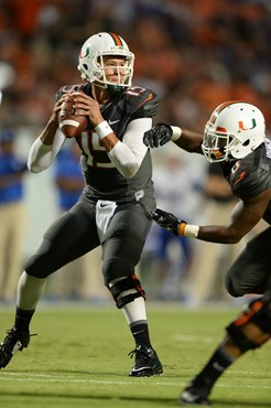 University of Miami Hurricanes quarterback Brad Kaaya #15 plays in a game against the Duke Blue Devils at Sun Life Stadium on September 27, 2014. ...