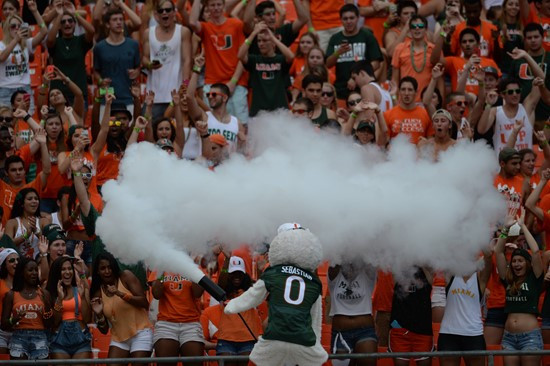 A University of Miami Hurricanes fan shows his team spirit in a game against the Arkansas State Red Wolves at Sun Life Stadium on September13, 2014. ...