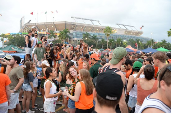 University of Miami Hurricane Fans tailgate at SunLife Stadium before a game against the Virginia Tech Hokies at Sun Life Stadium on November 9, 2013....