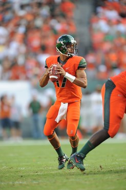 University of Miami Hurricanes quarterback Stephen Morris #17 gets set to throw a pass in a game against the Virginia Tech Hokies at Sun Life Stadium...