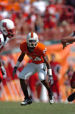 University of Miami defensive back Chavez Grant #24 drops into coverage in a game against the North Carolina State Wolfpack at the Orange Bowl on...