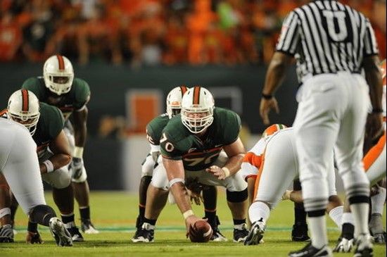 University of Miami Hurricanes guard A.J. Trump #70 plays in a game against the Florida A&M Rattlers at Land Shark Stadium on October 10, 2009.  Photo...