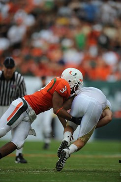 University of Miami Hurricanes linebacker Glenn Cook #3 plays in a game against the University of Central Florida Knights at Dolphin Stadium on...