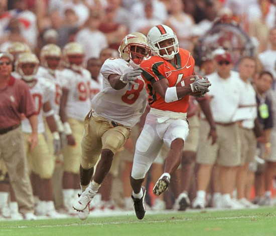 Santana Moss (180 yards in 1999) has the record for the most receiving yards for a UM player against FSU ever.