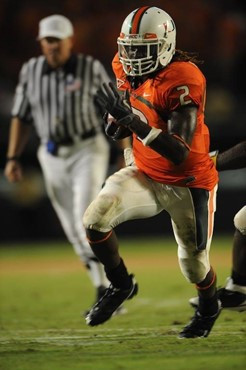 University of Miami Hurricanes running back Graig Cooper #2 rushes in a game against the Georgia Tech Yellow Jackets at Land Shark Stadium on...
