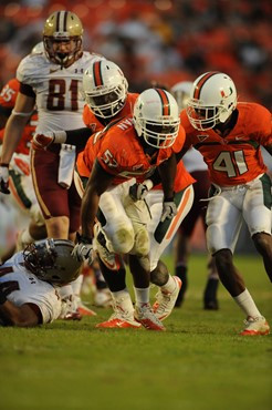 University of Miami Hurricanes linebacker Denzel Perryman #52 plays in a game against the Boston College Eagles at Sun Life Stadium on November 25,...