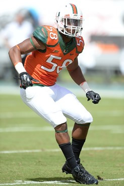 University of Miami Hurricanes linebacker Damion Owens #58 plays in a game against the Cincinnati Bearcats at Sun Life Stadium on October 11, 2014. ...