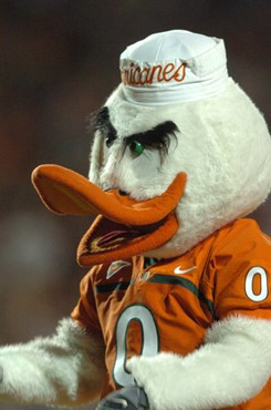 University of Miami mascot Sebastian the Ibis entertains the crowd during a game against the Virginia Cavaliers at the Orange Bowl on November 10,...