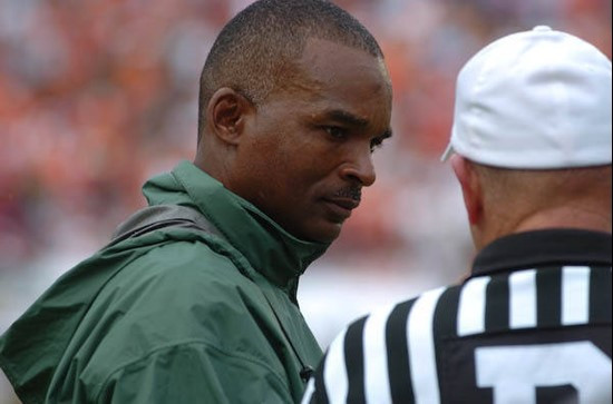 University of Miami Hurricanes head coach Randy Shannon talks to the ref in a game against The Florida State Seminoles at Dolphin Stadium on October...