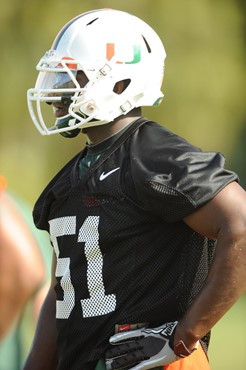 University of Miami linebacker, Shayon Green #51, in his first spring practice at Greentree Practice fields on March 5, 2011 on the University of...