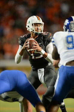 University of Miami Hurricanes quarterback Brad Kaaya #15 plays in a game against the Duke Blue Devils at Sun Life Stadium on September 27, 2014. ...