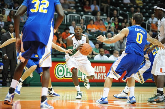 University of Miami Hurricanes guard Malcolm Grant #3 plays in a game against the Mcneese State Cowboys at the BankUnited Center on November 24, 2010....