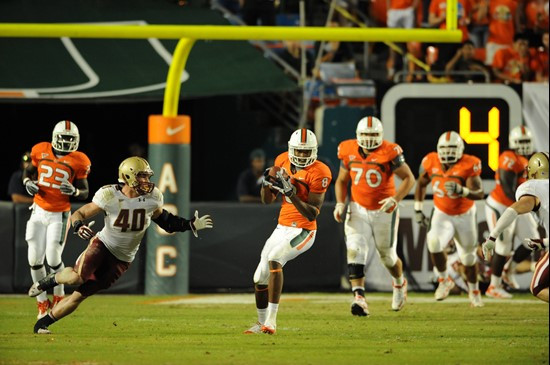 University of Miami Hurricanes wide receiver Tommy Streeter #8 catches a deflected pass in a game against the Boston College Eagles at Sun Life...