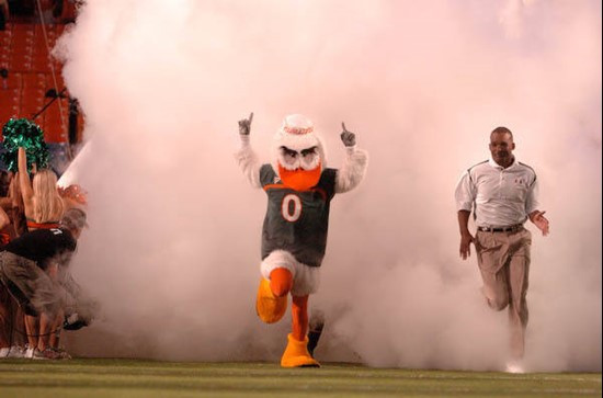 University of Miami Hurricanes head coach Randy Shannon leads his team on the field in a game against the Virginia Tech Hokies at Dolphin Stadium on...