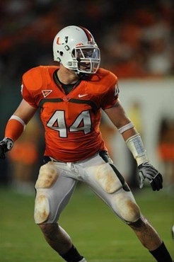 University of Miami Hurricanes linebacker Colin McCarthy #44 plays in a game against Charleston Southern University in the Canes inaugural game at...