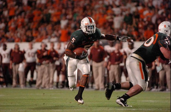 University of Miami Hurricanes running back Javarris James #5 carries the ball against the Virginia Tech Hokies at Dolphin Stadium on November 13,...