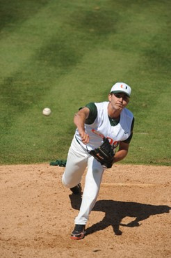 University of Miami Pitcher, Javi Salas #51, closes in a game against VirginiaTech at Alex Rodriguez Park on March 13, 2011.  Photos by Steven...
