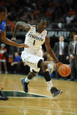 University of Miami Hurricanes guard, Durand Scott, #1, plays host to the Duke Blue Devils at the BankUnited Center on February 13, 2011. Photo by...